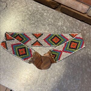 Southwestern Handcrafted Seed Beaded Belt With Wooden Buckle